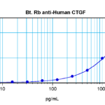 To detect hCTGF by sandwich ELISA (using 100 ul/well antibody solution) a concentration of 0.25 – 1.0 ug/ml of this antibody is required. This biotinylated polyclonal antibody, in conjunction with ProSci’s Polyclonal Anti-Human CTGF (38-101) as a capture antibody, allows the detection of at least 0.2 – 0.4 ng/well of recombinant hCTGF.