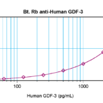 To detect hGDF-3 by sandwich ELISA (using 100 ul/well antibody solution) a concentration of 0.25 – 1.0 ug/ml of this antibody is required. This biotinylated polyclonal antibody, in conjunction with ProSci’s Polyclonal Anti-Human GDF-3 (38-156) as a capture antibody, allows the detection of at least 0.2 – 0.4 ng/well of recombinant hGDF-3.