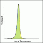 Flow cytometry analysis of LAG-3 overexpressing HEK293 cells using LAG-3 single domain antibody at 1 μg/ml.  Blue:  Untransfected HEK293 cells.  Yellow:  LAG-3 overexpressing HEK293 cells.