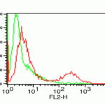 <strong>Figure 7 Flow Cytometry Validation of PD-L1 </strong><br>Overlay histogram showing A-20 cells stained with 4059 (red line, 1μg/1x10<sup>6</sup> cells). 1 h incubation at 4°C in 2% FBS/PBS. Followed by secondary antibody 488 goat anti-rabbit IgG (H+L) at 1/500 dilution for 1 h 4°C. Isotype control antibody (Green line) was mouse IgG1 (1μg/1x10<sup>6</sup> cells) used under the same conditions. Acquisition of >10,000 events was performed.