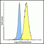 Flow cytometry analysis of PD-L2 overexpressing HEK293 cells using PD-L2 antibody and control mouse IgG antibody at 10 μg/ml. Blue: Untransfected HEK293 cells. Yellow: PD-L2 overexpressing HEK293 cells.