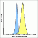 Flow cytometry analysis of PD-L2 overexpressing HEK293 cells using PD-L2 antibody and control mouse IgG antibody at 10 μg/ml. Blue: Untransfected HEK293 cells. Yellow: PD-L2 overexpressing HEK293 cells.