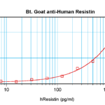 To detect hResistin by sandwich ELISA (using 100 ul/well antibody solution) a concentration of 0.25 – 1.0 ug/ml of this antibody is required. This biotinylated polyclonal antibody, in conjunction with ProSci’s Polyclonal Anti-Human Resistin (XP-5261) as a capture antibody, allows the detection of at least 0.2 – 0.4 ng/well of recombinant hResistin.