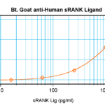 To detect hsRANKL by sandwich ELISA (using 100 ul/well antibody solution) a concentration of 0.25 – 1.0 ug/ml of this antibody is required. This biotinylated polyclonal antibody, in conjunction with ProSci’s Polyclonal Anti-Human sRANKL (XP-5274) as a capture antibody, allows the detection of at least 0.2 – 0.4 ng/well of recombinant hsRANKL.