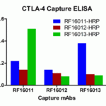 A sandwich ELISA was performed using the anti-CTLA-4 mAbs RF16011, RF16012, RF16013, as the capture antibodies for the CTLA-4 extracellular domain antigen with HRP-labeled Risk-Free anti-CTLA-4 mAbs as the detection antibodies.