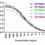 Titration curve analysis of PD-L2 mAbs to detect recombinant PD-L2 in ELISA with RF16021, RF16022, RF16023, RF16024, and RF16025 abs at decreasing concentrations.
