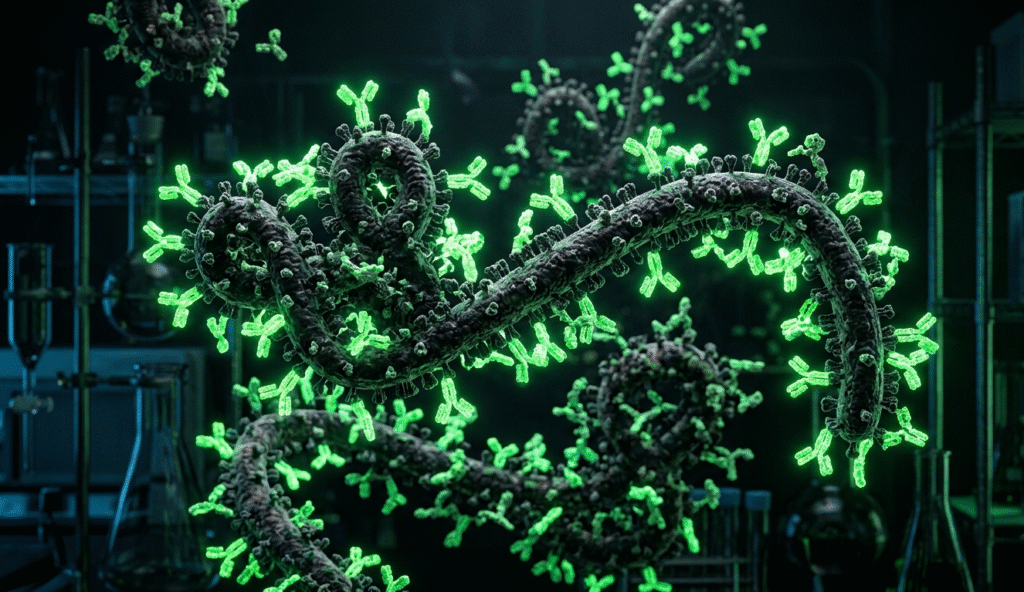 Illustration of antibodies targeting Ebola virus particles for diagnostic and research applications