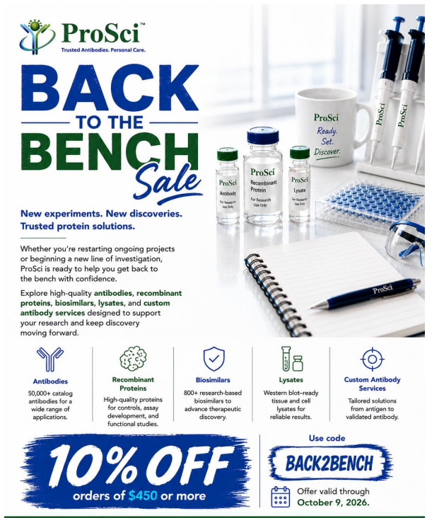 ProSci Back to the Bench Sale flyer - 10% off orders of $450 or more with code BACK2BENCH, valid through October 9, 2026.