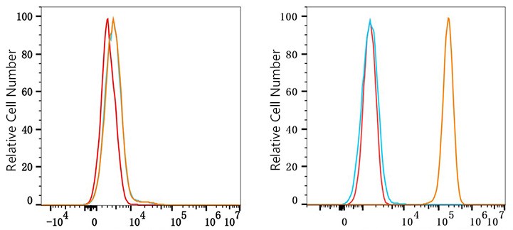 Flow cytometry: 1X10^6 293T cells (negative control,left) and Jurkat cells (right) were surface-stained with CD45 Rabbit mAb or Rabbit IgG isotype control, followed by PSFlo 405-conjugated goat anti-rabbit pAb staining. Non-fluorescently stained cells were used as blank control (red line).